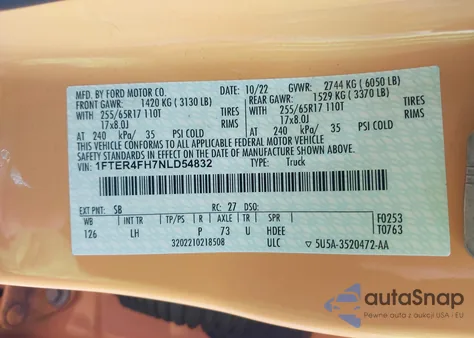 2022 Ford Ranger Xlt из США, поврежденный, VIN 1FTER4FH7NLD54832